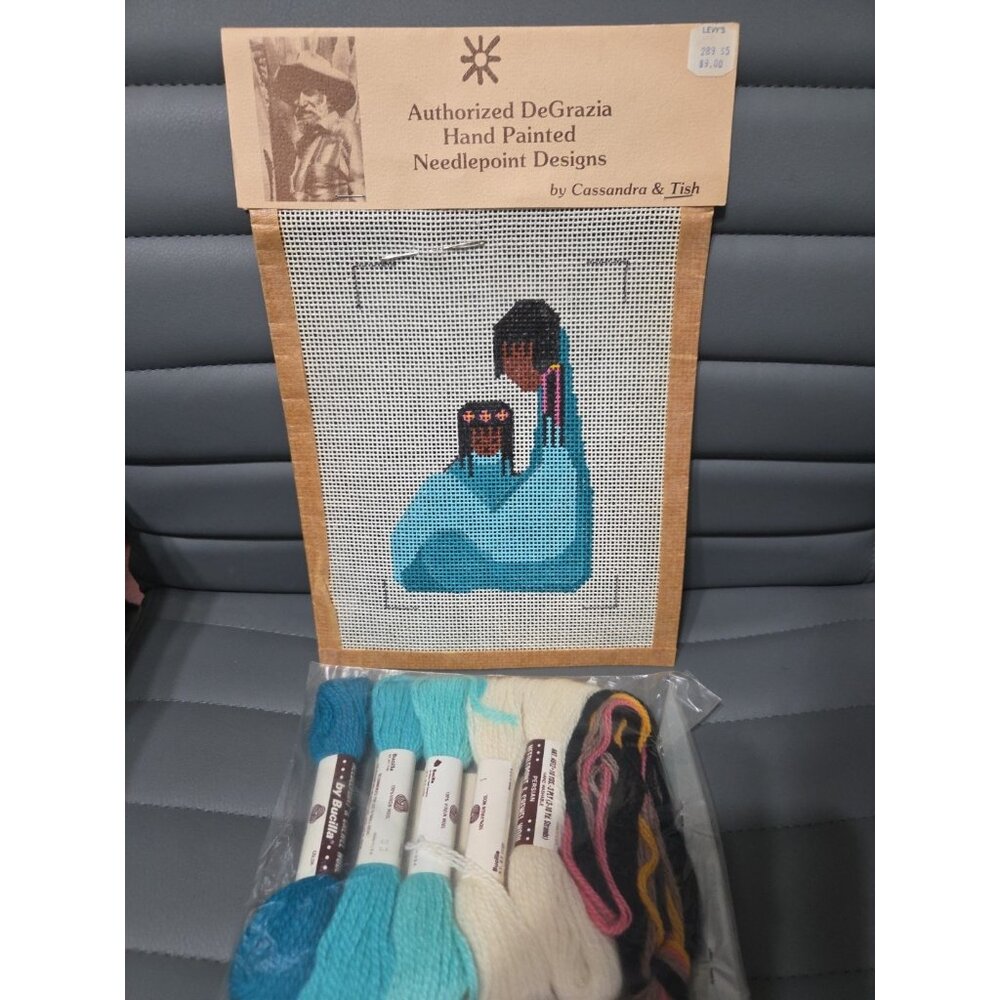 VTG DeGrazia Hand Painted Needlepoint Canvas “Navajo Mother & Child
